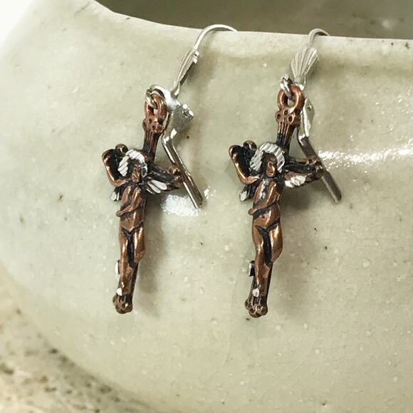 Artist Signed J96 Etched Copper Cherub Angel on Cross Drop Earrings - Picture 7 of 12